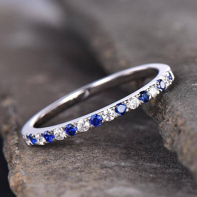 Louily Half Eternity Blue And White Sapphire Wedding Band For Women In Sterling Silver - louilyjewelry