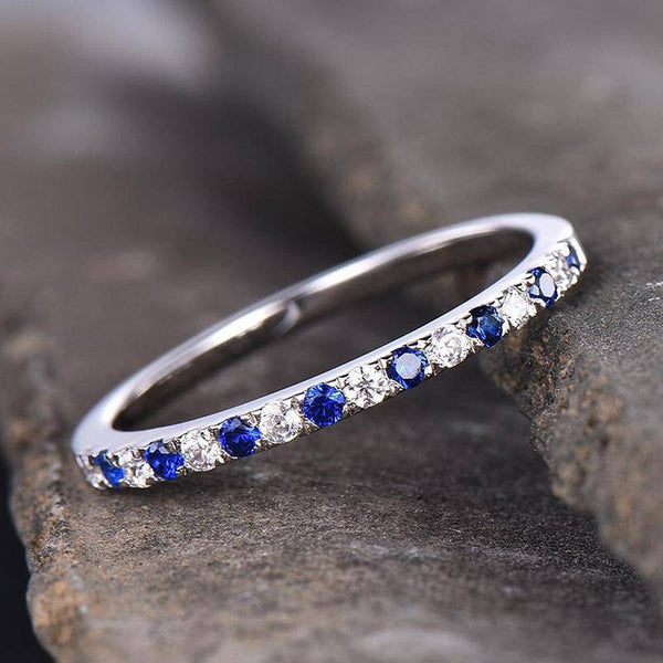 Louily Half Eternity Blue And White Sapphire Wedding Band For Women In Sterling Silver