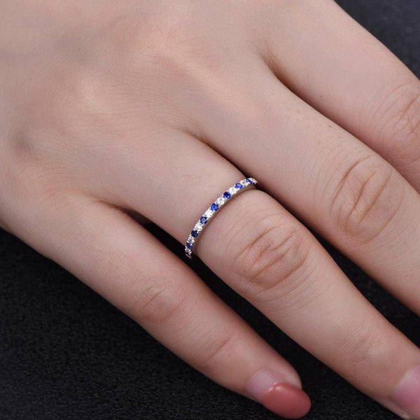 Louily Half Eternity Blue And White Sapphire Wedding Band For Women In Sterling Silver