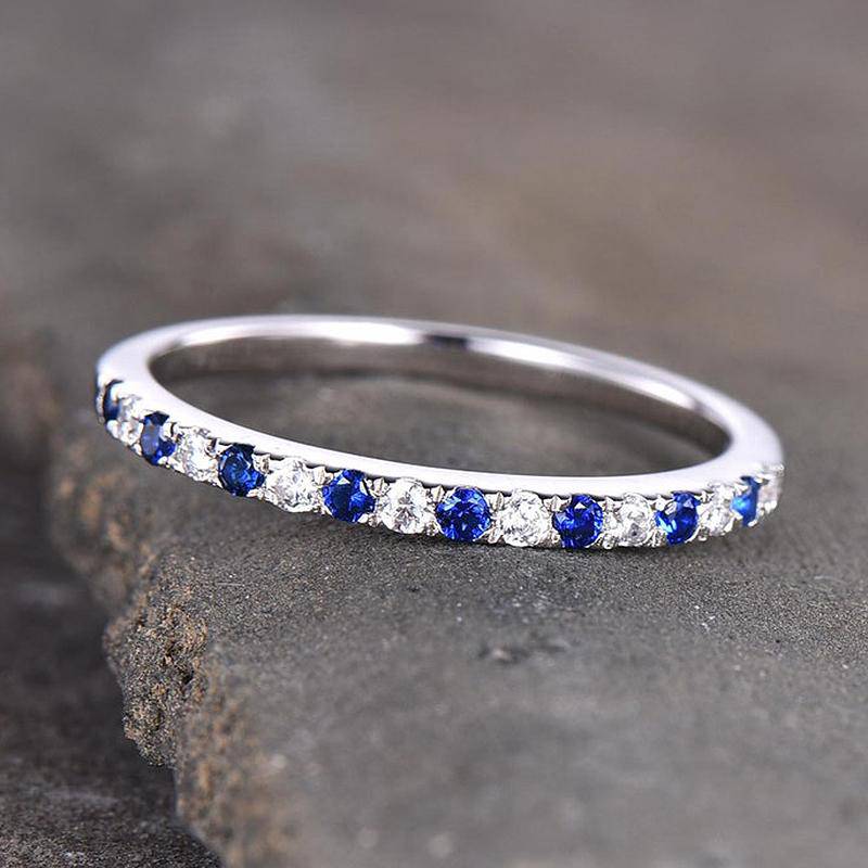 Louily Half Eternity Blue And White Sapphire Wedding Band For Women In Sterling Silver - louilyjewelry