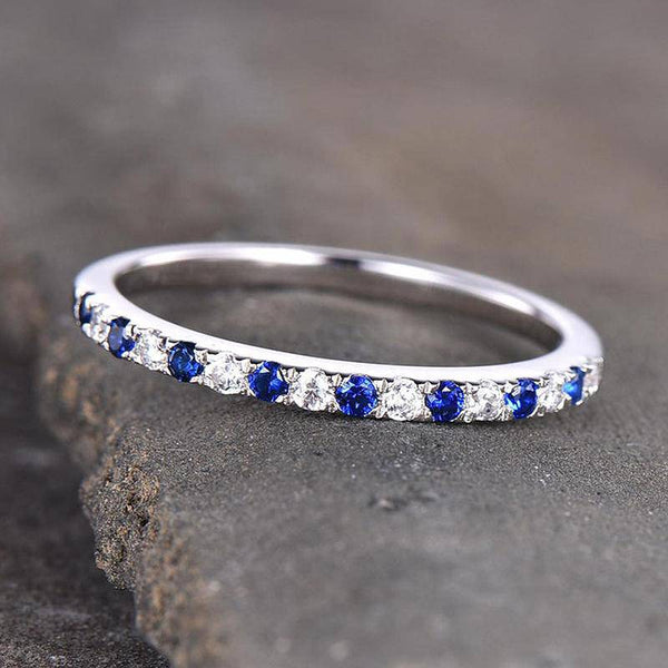 Louily Half Eternity Blue And White Sapphire Wedding Band For Women In Sterling Silver