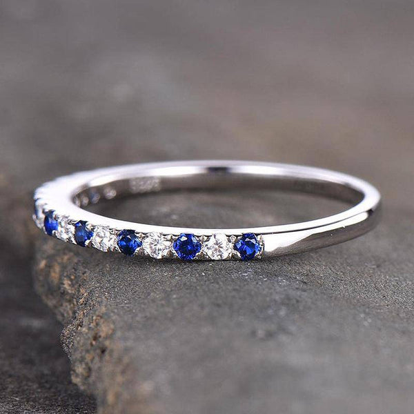 Louily Half Eternity Blue And White Sapphire Wedding Band For Women In Sterling Silver