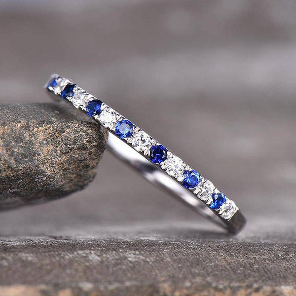 Louily Half Eternity Blue And White Sapphire Wedding Band For Women In Sterling Silver