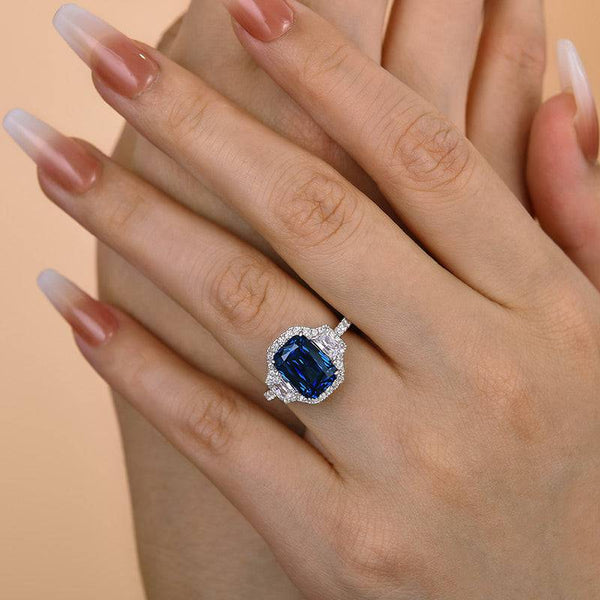 Louily Halo Blue Sapphire Cushion Cut Three Stone Engagement Ring In Sterling Silver