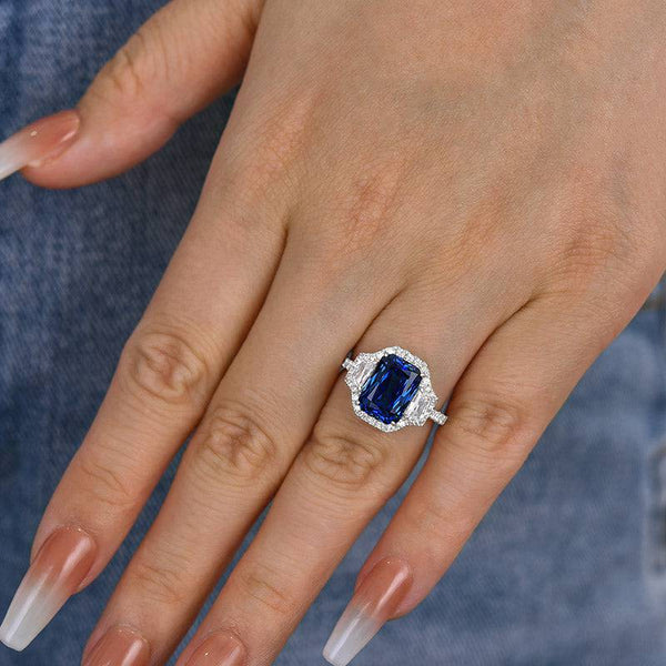 Louily Halo Blue Sapphire Cushion Cut Three Stone Engagement Ring In Sterling Silver