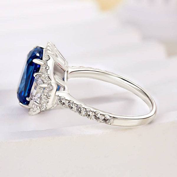 Louily Halo Blue Sapphire Cushion Cut Three Stone Engagement Ring In Sterling Silver