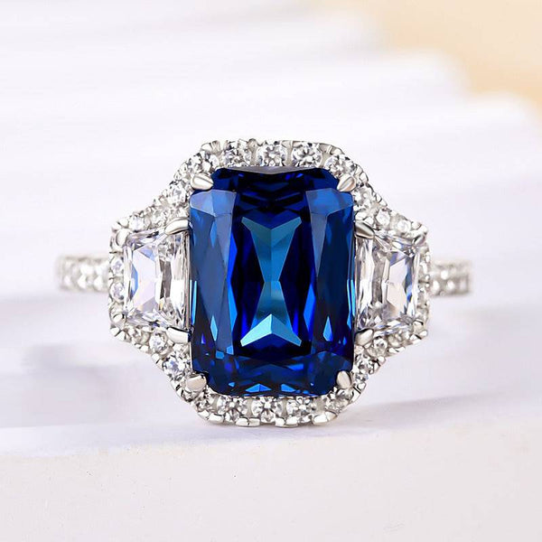 Louily Halo Blue Sapphire Cushion Cut Three Stone Engagement Ring In Sterling Silver