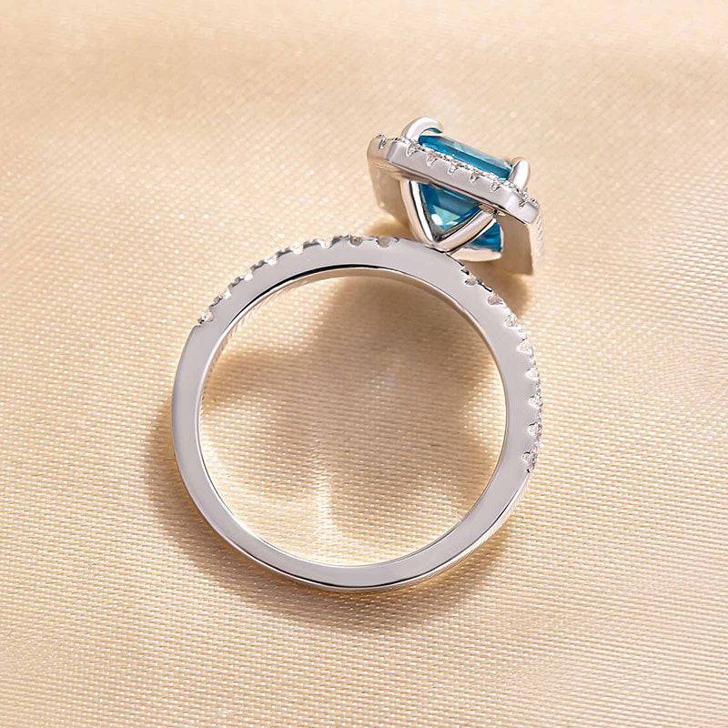 Louily Halo Emerald Cut Light Aquamarine Blue Engagement Ring In Sterling Silver - louilyjewelry