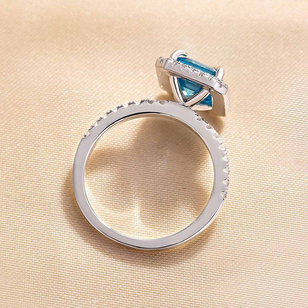 Louily Halo Emerald Cut Light Aquamarine Blue Engagement Ring In Sterling Silver