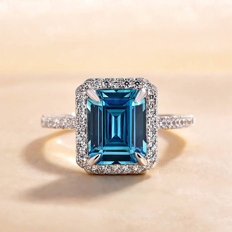 Louily Halo Emerald Cut Light Aquamarine Blue Engagement Ring In Sterling Silver - louilyjewelry