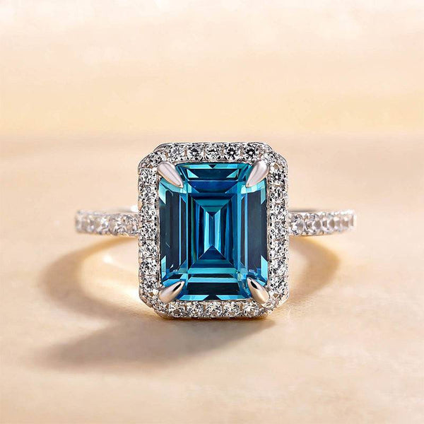 Louily Halo Emerald Cut Light Aquamarine Blue Engagement Ring In Sterling Silver