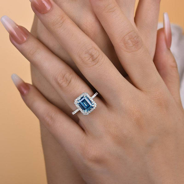 Louily Halo Emerald Cut Light Aquamarine Blue Engagement Ring In Sterling Silver