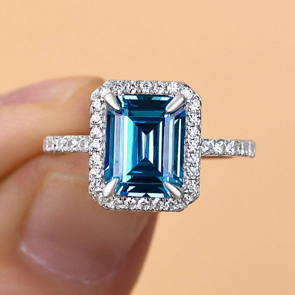 Louily Halo Emerald Cut Light Aquamarine Blue Engagement Ring In Sterling Silver