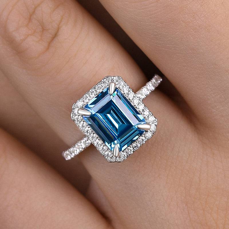 Louily Halo Emerald Cut Light Aquamarine Blue Engagement Ring In Sterling Silver - louilyjewelry