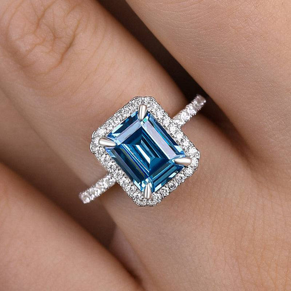 Louily Halo Emerald Cut Light Aquamarine Blue Engagement Ring In Sterling Silver