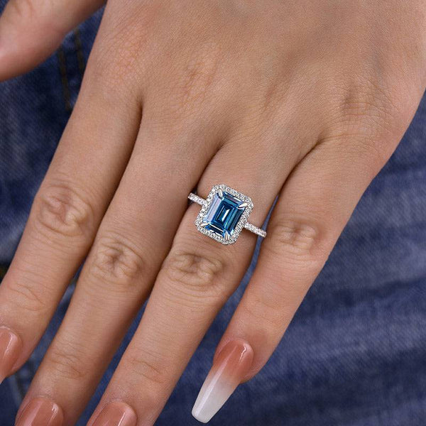 Louily Halo Emerald Cut Light Aquamarine Blue Engagement Ring In Sterling Silver