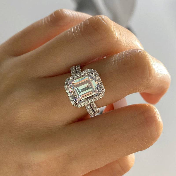 Louily Halo Emerald Cut Wedding Ring Set In Sterling Silver