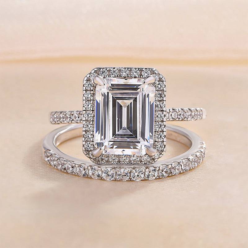Louily Halo Emerald Cut Wedding Ring Set In Sterling Silver - louilyjewelry