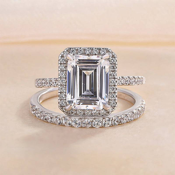 Louily Halo Emerald Cut Wedding Ring Set In Sterling Silver