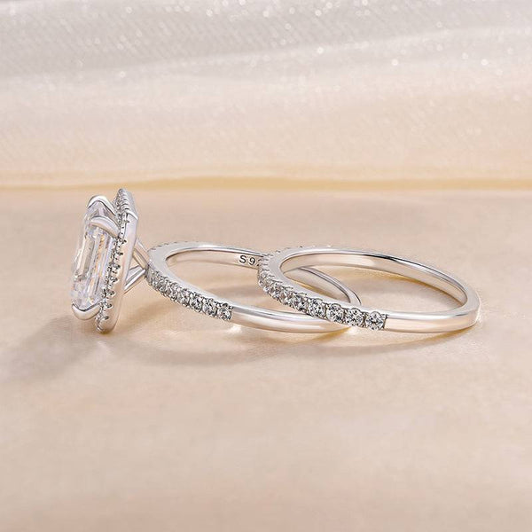 Louily Halo Emerald Cut Wedding Ring Set In Sterling Silver
