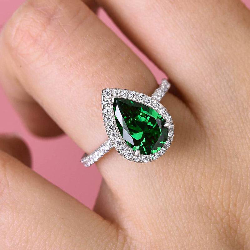 Louily Halo Pear Cut Emerald Green Engagement Ring In Sterling Silver - louilyjewelry