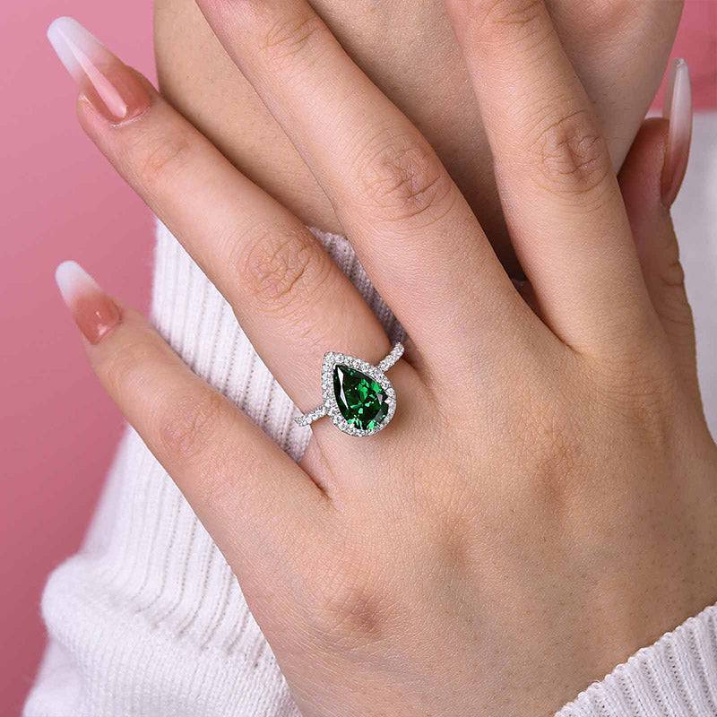 Louily Halo Pear Cut Emerald Green Engagement Ring In Sterling Silver - louilyjewelry