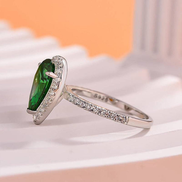 Louily Halo Pear Cut Emerald Green Engagement Ring In Sterling Silver