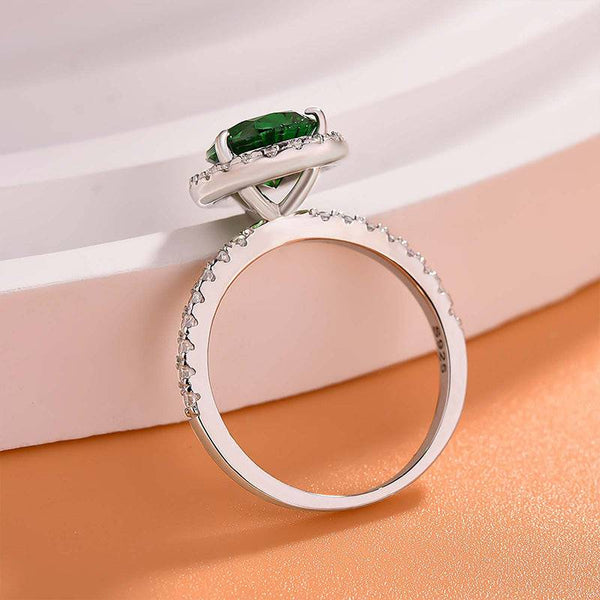 Louily Halo Pear Cut Emerald Green Engagement Ring In Sterling Silver