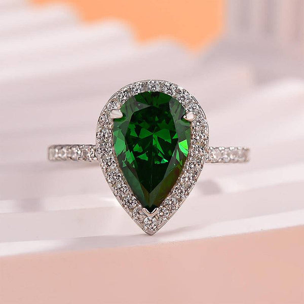 Louily Halo Pear Cut Emerald Green Engagement Ring In Sterling Silver