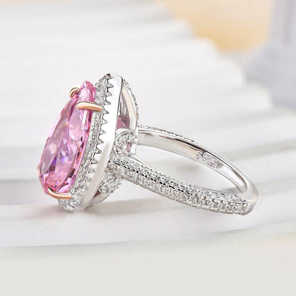 Louily Halo Pear Cut Simulated Diamond Pink Sapphire Engagement Ring In Sterling Silver