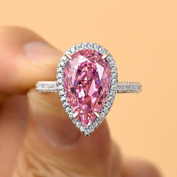 Louily Halo Pear Cut Simulated Diamond Pink Sapphire Engagement Ring In Sterling Silver