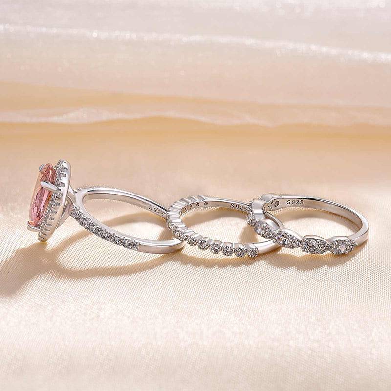 Louily Halo Pear Cut Synthetic Morganite 3-Pieces Wedding Ring Set - louilyjewelry