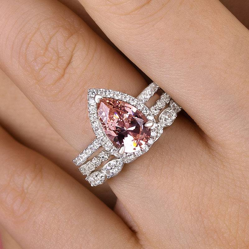 Louily Halo Pear Cut Synthetic Morganite 3-Pieces Wedding Ring Set - louilyjewelry