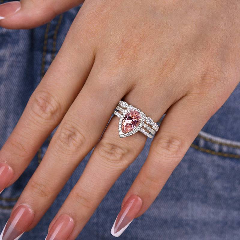 Louily Halo Pear Cut Synthetic Morganite 3-Pieces Wedding Ring Set - louilyjewelry