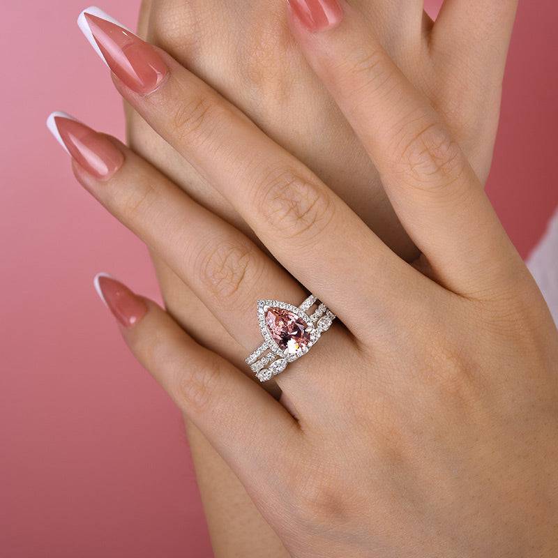 Louily Halo Pear Cut Synthetic Morganite 3-Pieces Wedding Ring Set - louilyjewelry