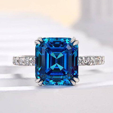 Louily Honorable Blue Sapphire Emerald Cut Engagement Ring 