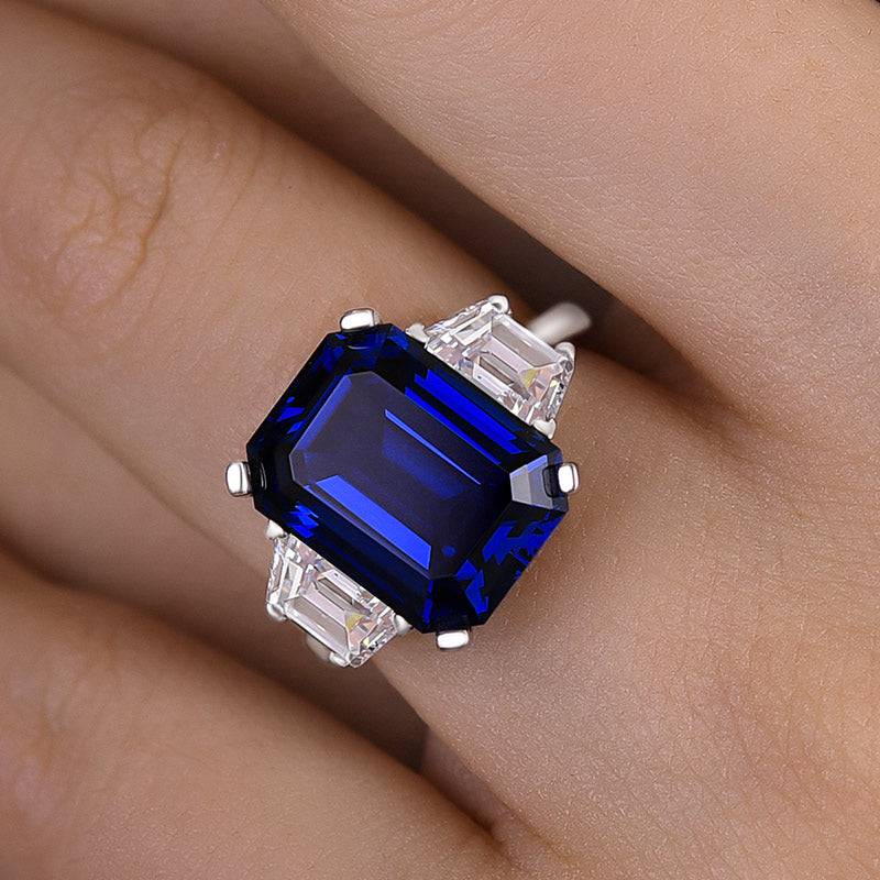 Louily Honorable Blue Sapphire Emerald Cut Three Stone Engagement Ring - louilyjewelry
