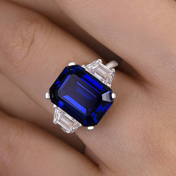 Louily Honorable Blue Sapphire Emerald Cut Three Stone Engagement Ring