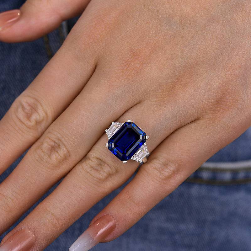 Louily Honorable Blue Sapphire Emerald Cut Three Stone Engagement Ring - louilyjewelry