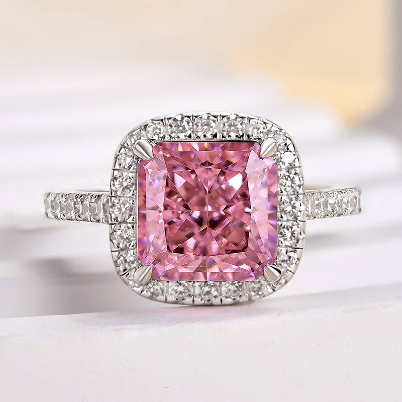 Louily Lovely Halo Radiant Cut Pink Stone Engagement Ring - louilyjewelry