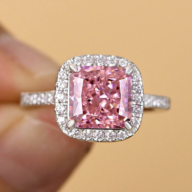 Louily Lovely Halo Radiant Cut Pink Stone Engagement Ring - louilyjewelry