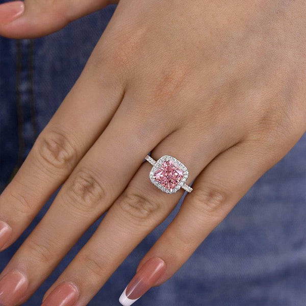 Louily Lovely Halo Radiant Cut Pink Stone Engagement Ring