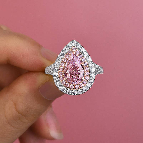 Louily Lovely Split Shank Double Halo Pear Cut Pink Sapphire Engagement Ring In Sterling Silver