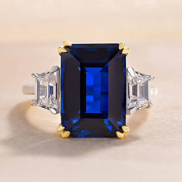 Louily Luxurious Blue Sapphire Emerald Cut Three Stone Engagement Ring