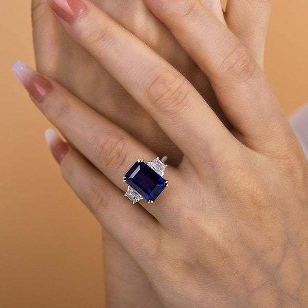 Louily Luxurious Blue Sapphire Emerald Cut Three Stone Engagement Ring