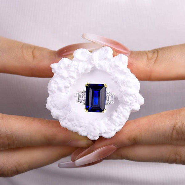 Louily Luxurious Blue Sapphire Emerald Cut Three Stone Engagement Ring