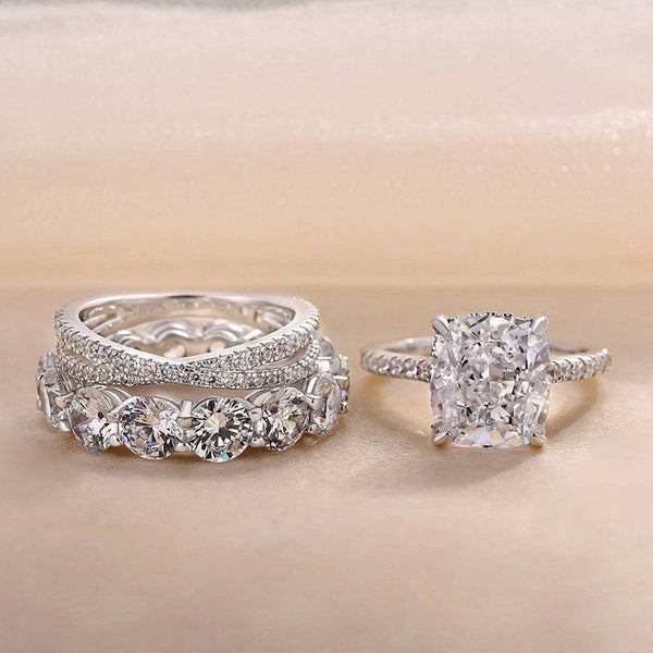 Louily Luxurious Cushion Cut 3PC Wedding Ring Set In Sterling Silver
