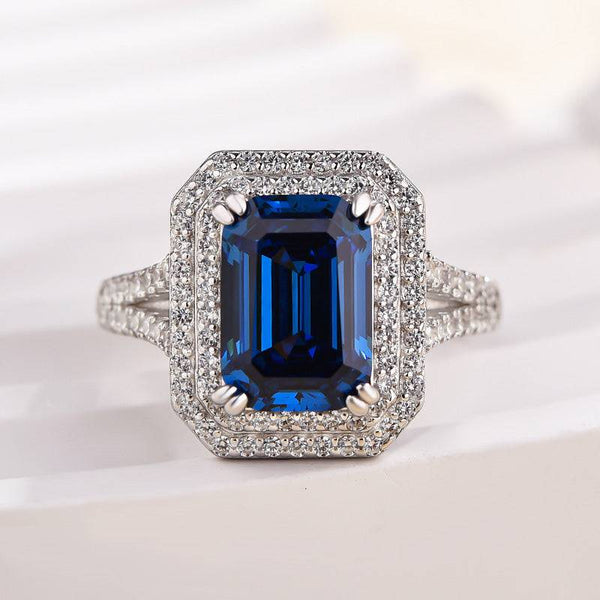 Louily Luxurious Double Halo Blue Sapphire Emerald Cut Engagement Ring In Sterling Silver