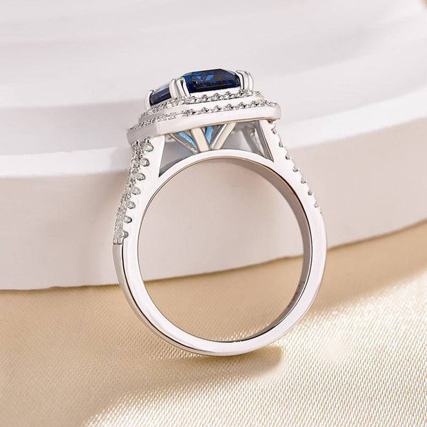 Louily Luxurious Double Halo Blue Sapphire Emerald Cut Engagement Ring In Sterling Silver