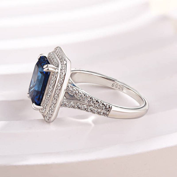 Louily Luxurious Double Halo Blue Sapphire Emerald Cut Engagement Ring In Sterling Silver